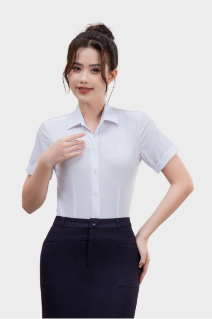 Áo sơ mi nữ ngắn tay Thái Hòa 25ASW-267 vải Bamboo Cotton cao cấp bản nẹp khuy có chiết eo cao cấp