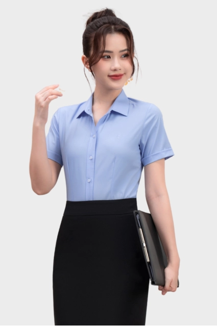 Áo sơ mi nữ ngắn tay Thái Hòa 25ASW-267 vải Bamboo Cotton cao cấp bản nẹp khuy có chiết eo cao cấp