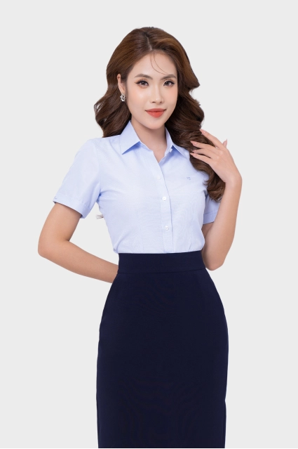 Áo sơ mi nữ kẻ ô chất liệu bột gỗ Gracell ngắn tay cao cấp form ôm Thái Hòa 24ASW-250