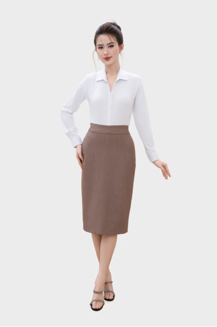 Chân váy nữ Thái Hòa 25CVW-260 dáng bút chì dài màu nâu tiêu 2 lớp