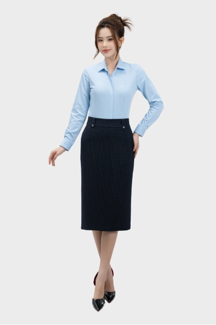 Chân váy nữ Thái Hòa 25CVW-262 dáng dài 2 lớp kẻ xanh than tôn dáng cao cấp